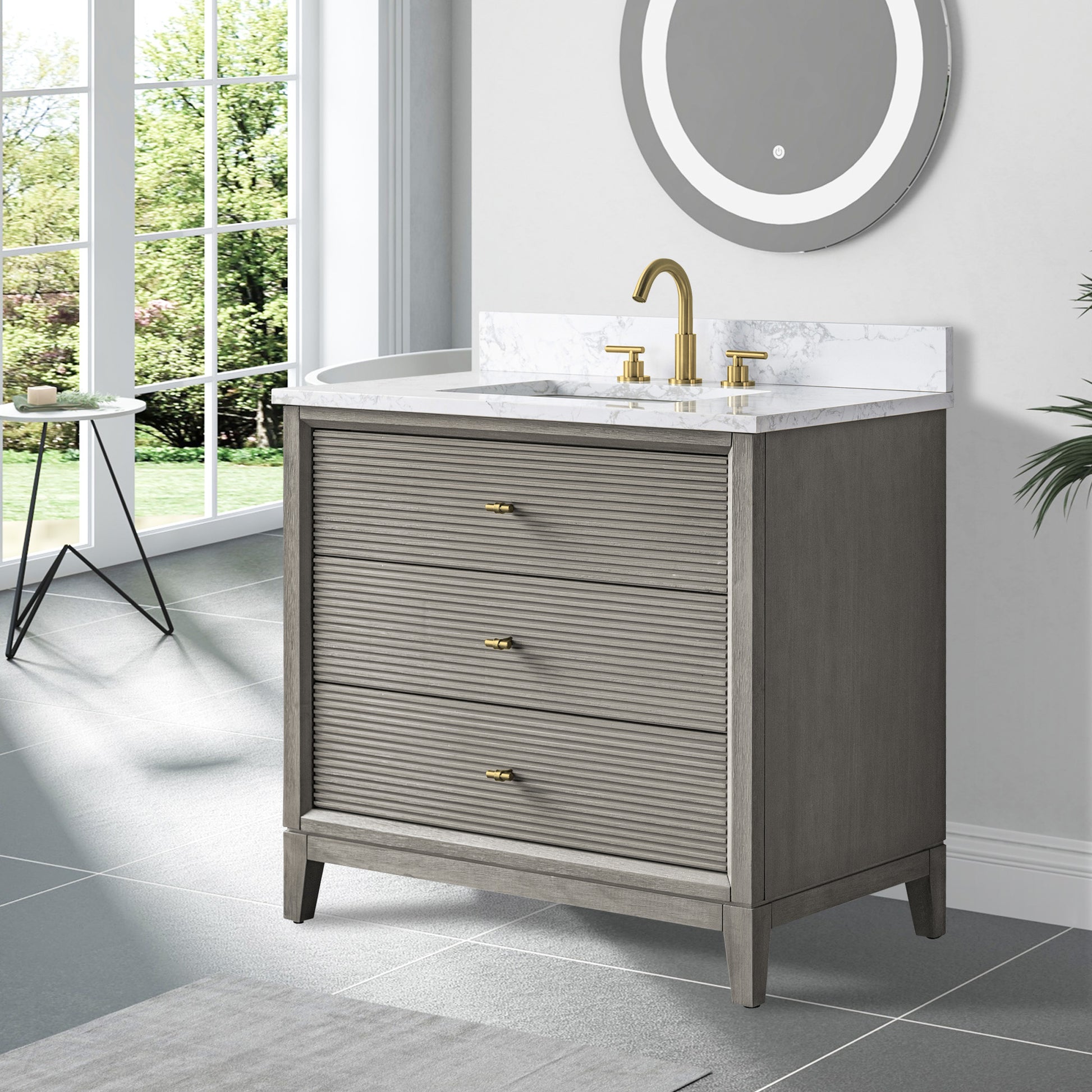 side view of 36x22 Inches Single Sink Freestanding Bathroom Vanity Cabinet with Marble Top