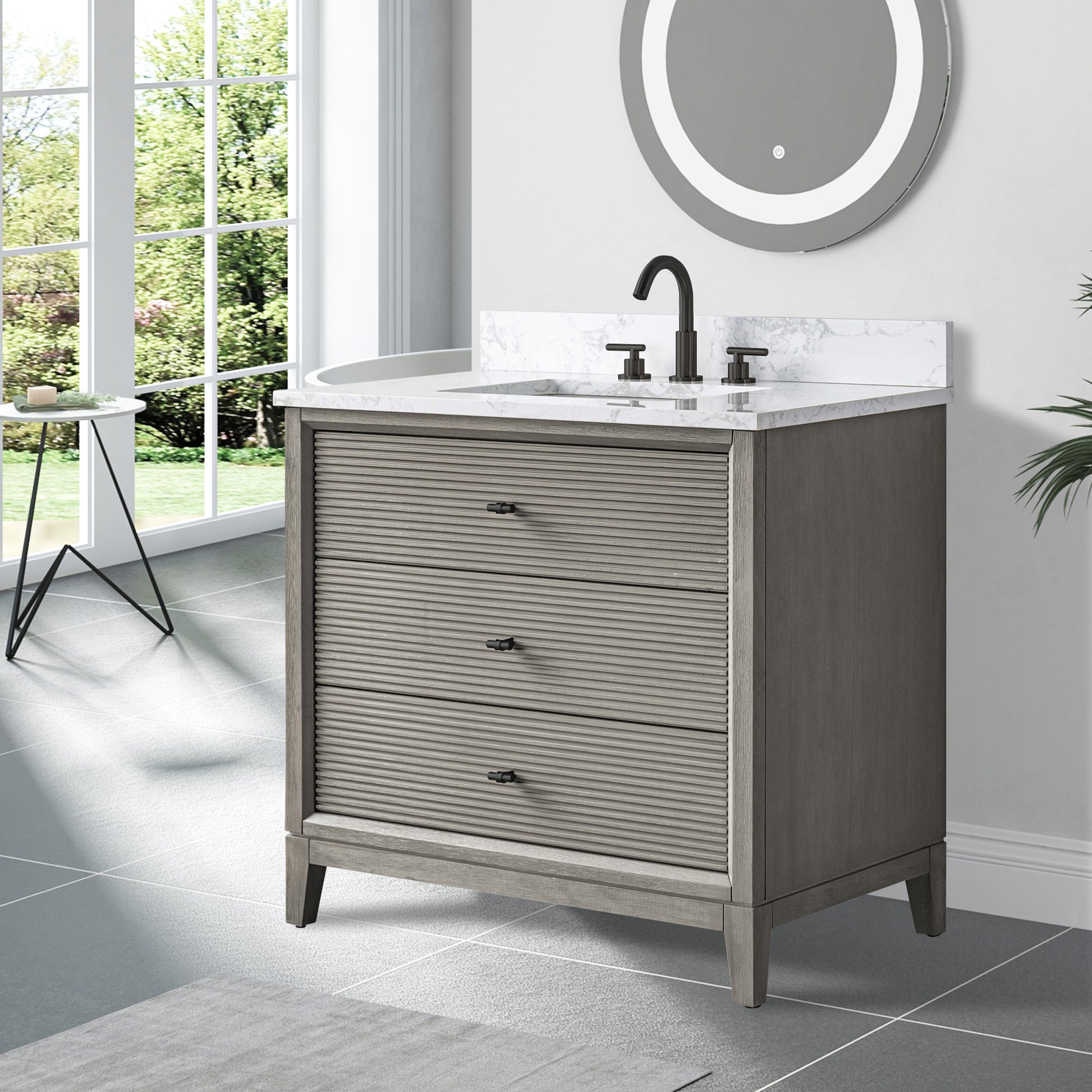 side view of  36x22 Inches Single Sink Freestanding Bathroom Vanity Cabinet with Marble Top