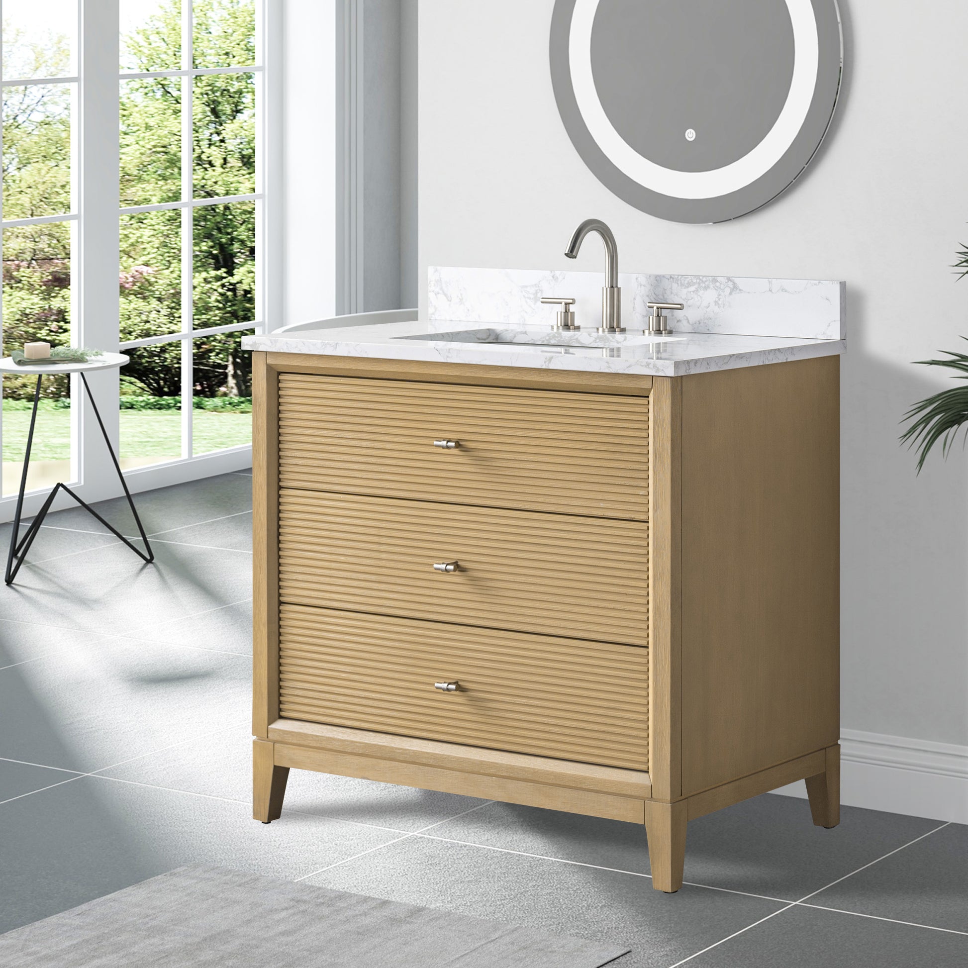 side view of 36x22 Inches Single Sink Freestanding Bathroom Vanity Cabinet with Marble Top