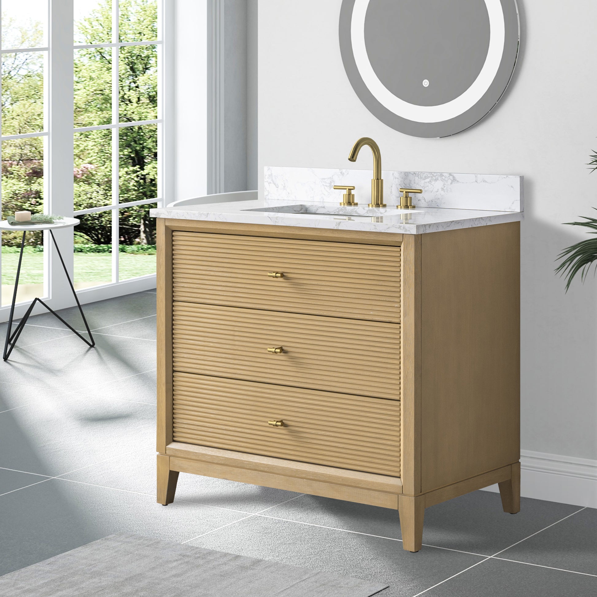 side view of 36x22 Inches Single Sink Freestanding Bathroom Vanity Cabinet with Marble Top