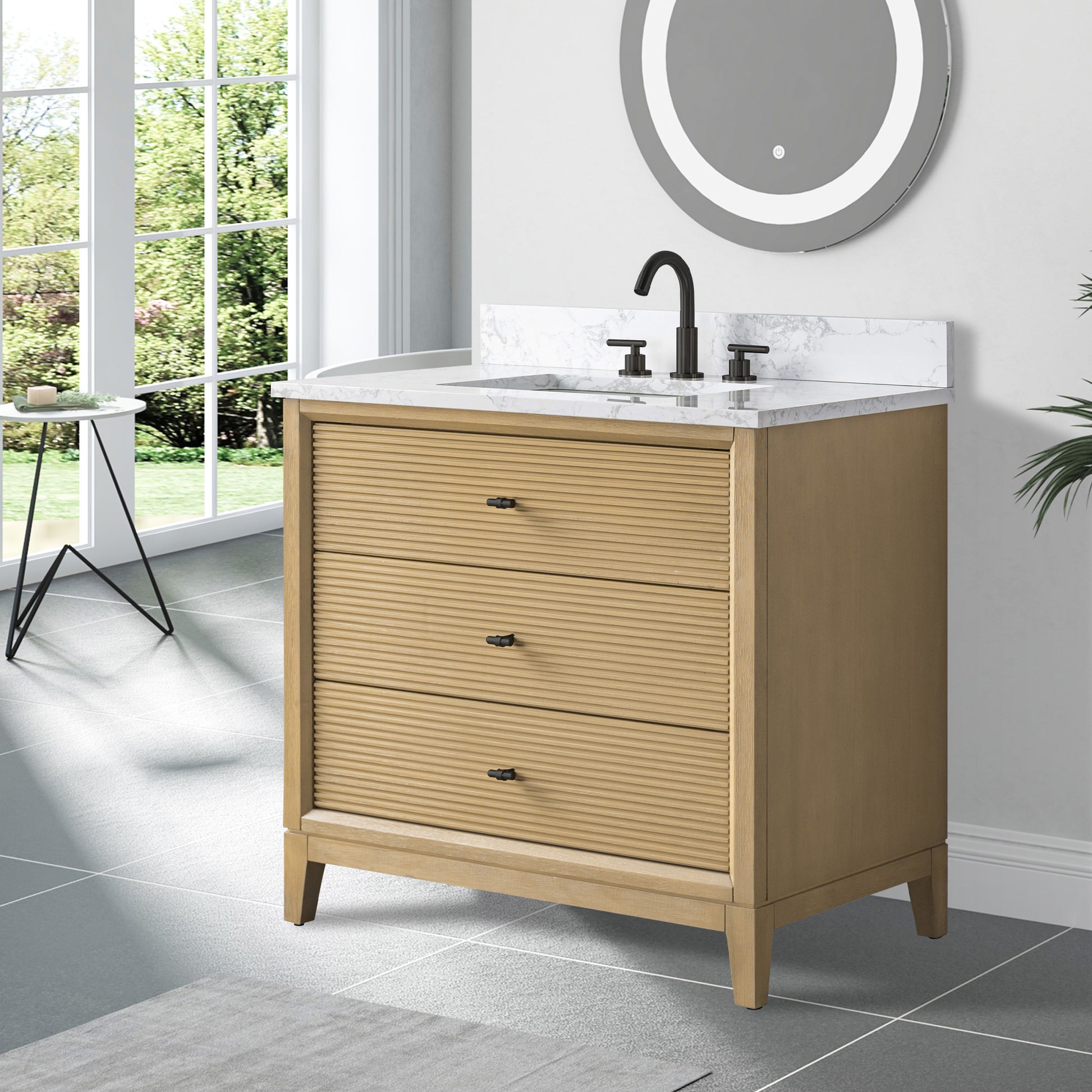 side view of 36x22 Inches Single Sink Freestanding Bathroom Vanity Cabinet with Marble Top