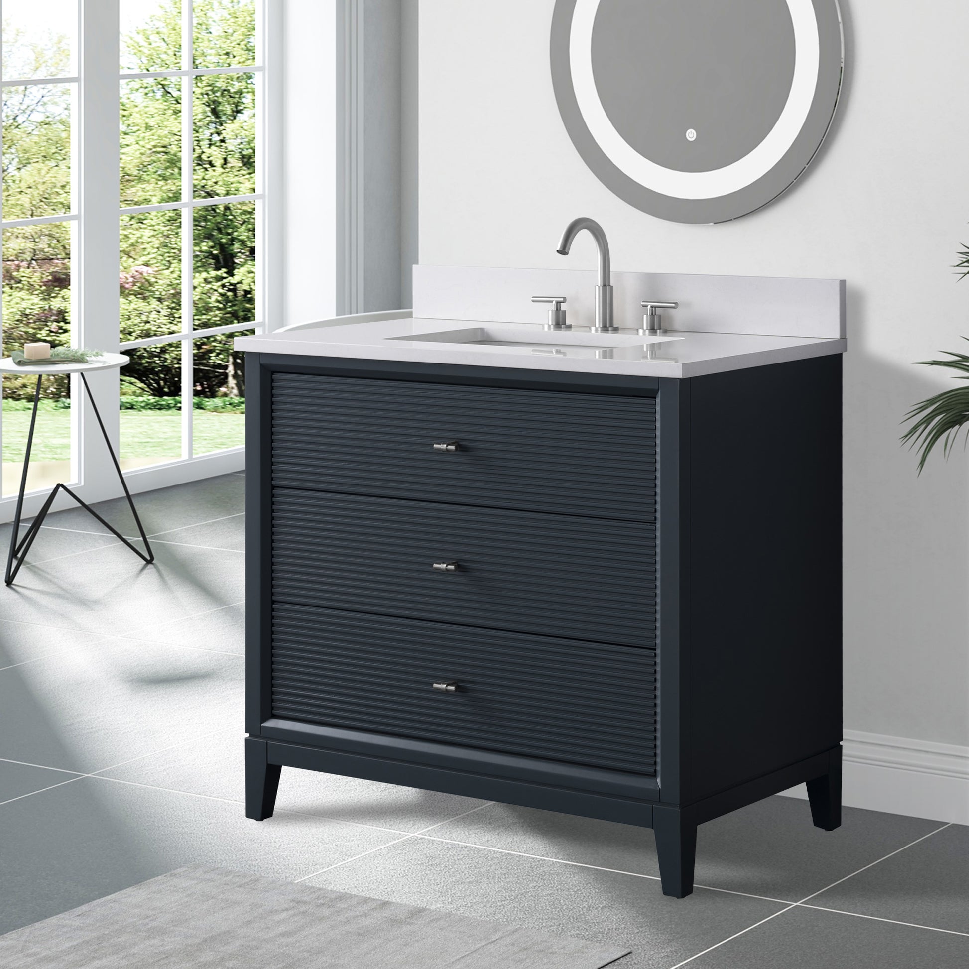 side view of 36x22 Inches Single Sink Freestanding Bathroom Vanity Cabinet with Marble Top