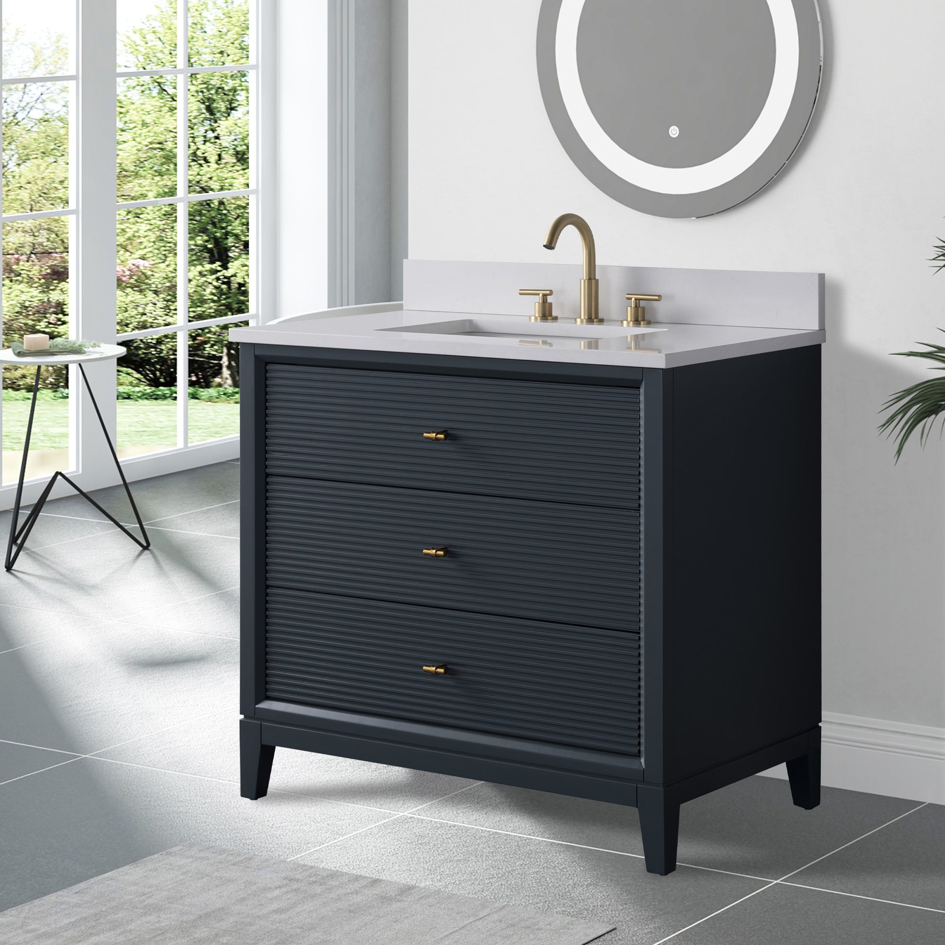 side view of 36x22 Inches Single Sink Freestanding Bathroom Vanity Cabinet with Marble Top