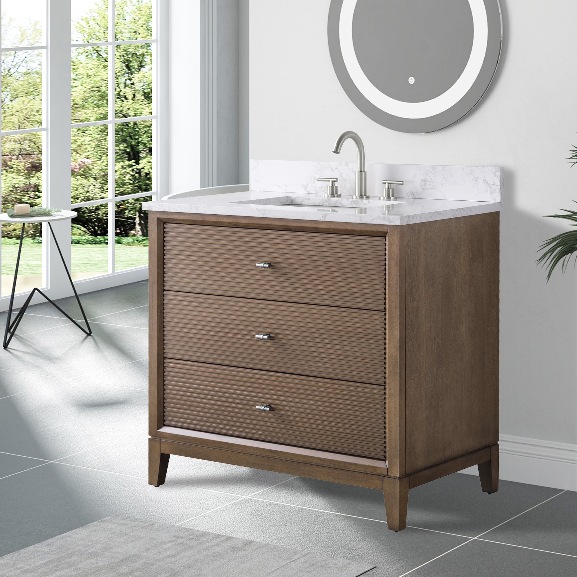 side view of 36x22 Inches Single Sink Freestanding Bathroom Vanity Cabinet with Marble Top