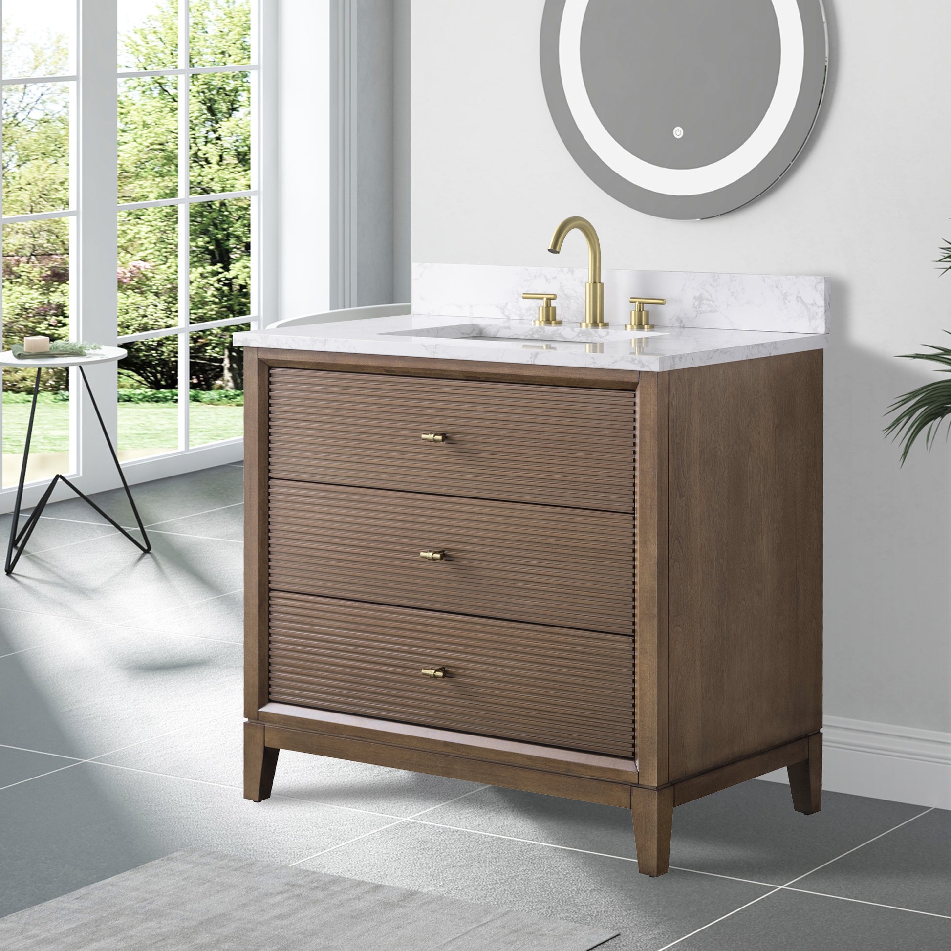 side view of 36x22 Inches Single Sink Freestanding Bathroom Vanity Cabinet with Marble Top