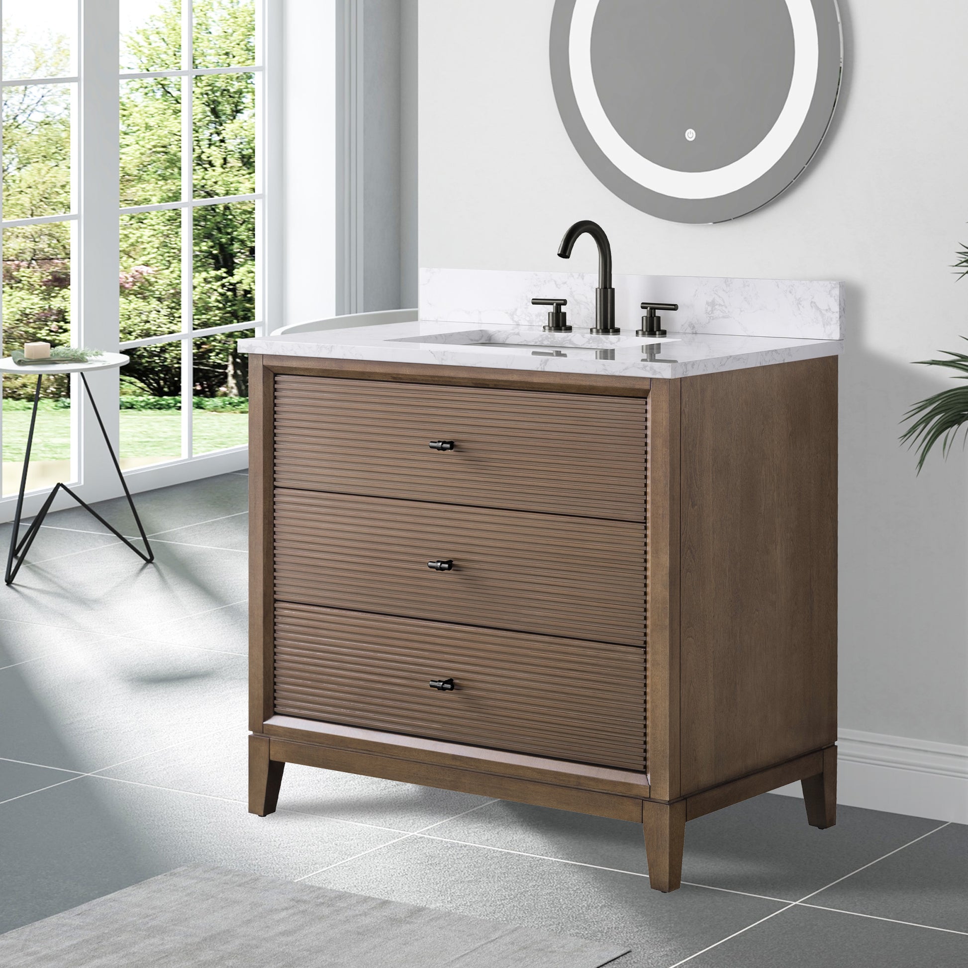 side view of 36x22 Inches Single Sink Freestanding Bathroom Vanity Cabinet with Marble Top
