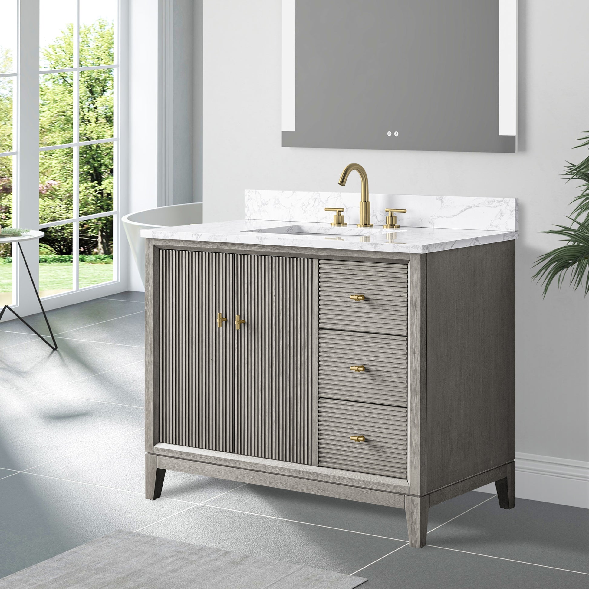 side view of 42x22 Inches Single Sink Freestanding Bathroom Vanity Cabinet with Marble Top
