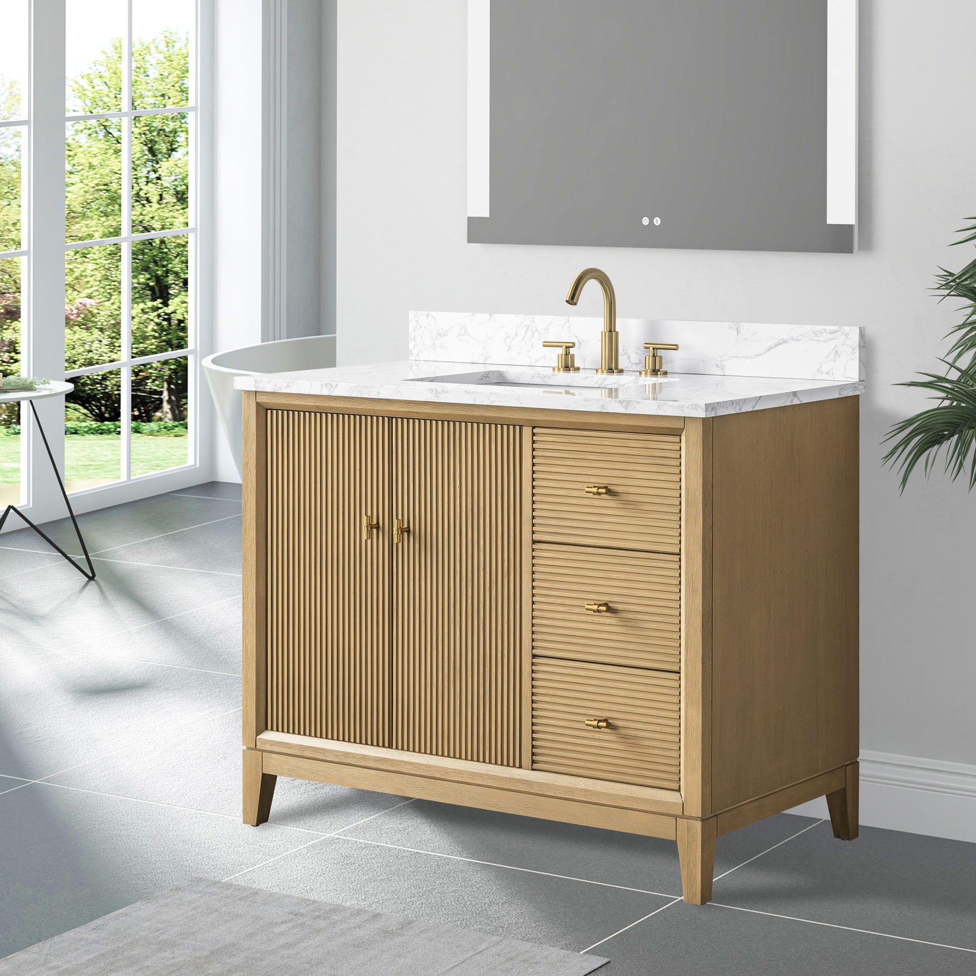 side view of 42x22 Inches Single Sink Freestanding Bathroom Vanity Cabinet with Marble Top
