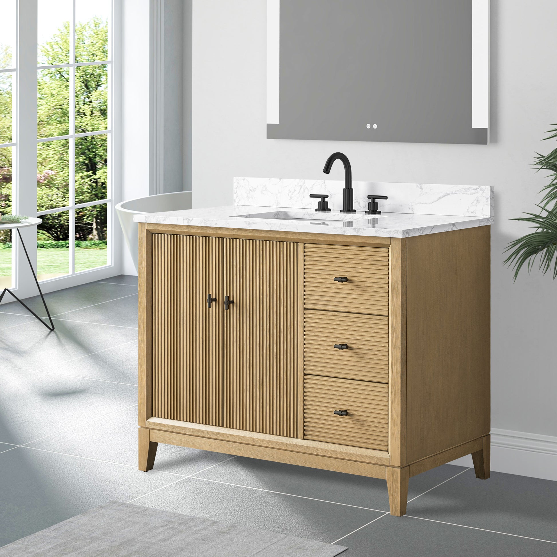 side view of 42x22 Inches Single Sink Freestanding Bathroom Vanity Cabinet with Marble Top