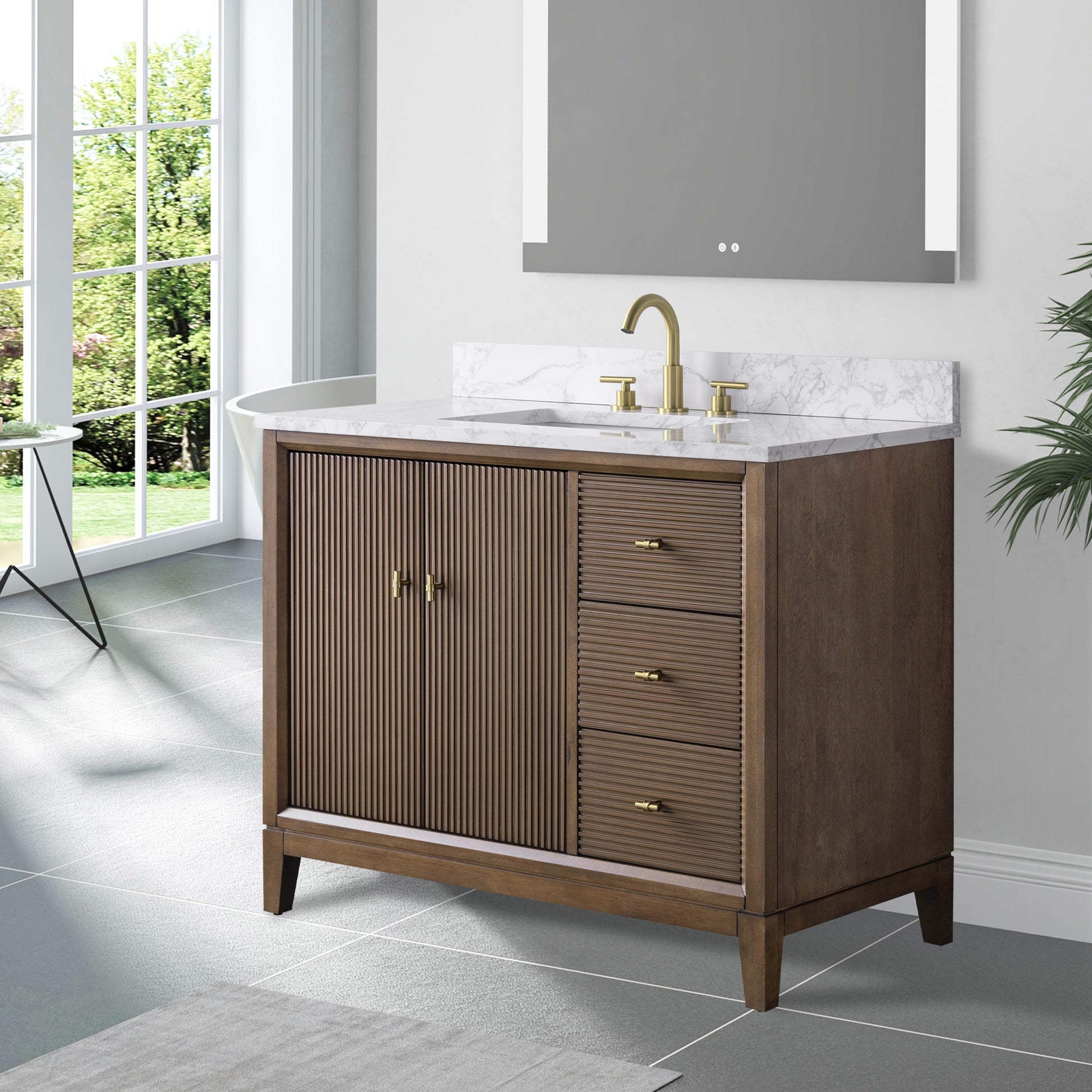 side view of 42x22 Inches Single Sink Freestanding Bathroom Vanity Cabinet with Marble Top