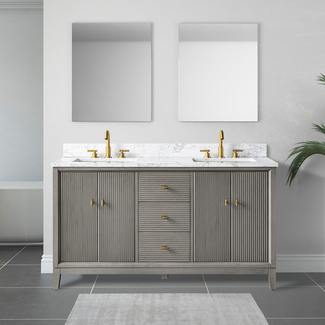 60x22 Inches Double Sink Freestanding Bathroom Vanity Cabinet with Marble Top