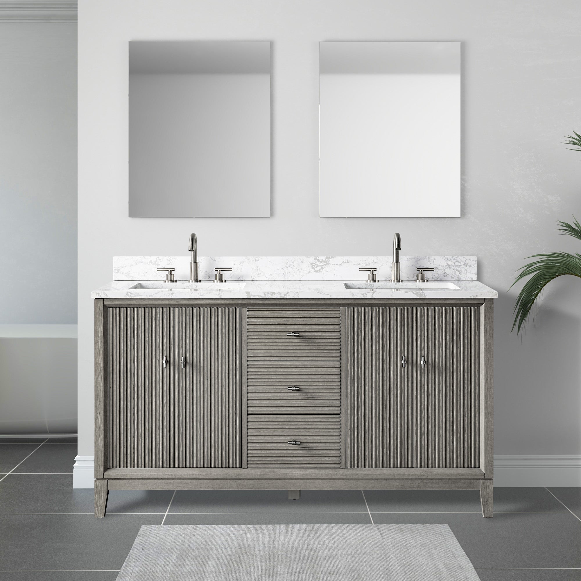 60x22 Inches Double Sink Freestanding Bathroom Vanity Cabinet with Marble Top
