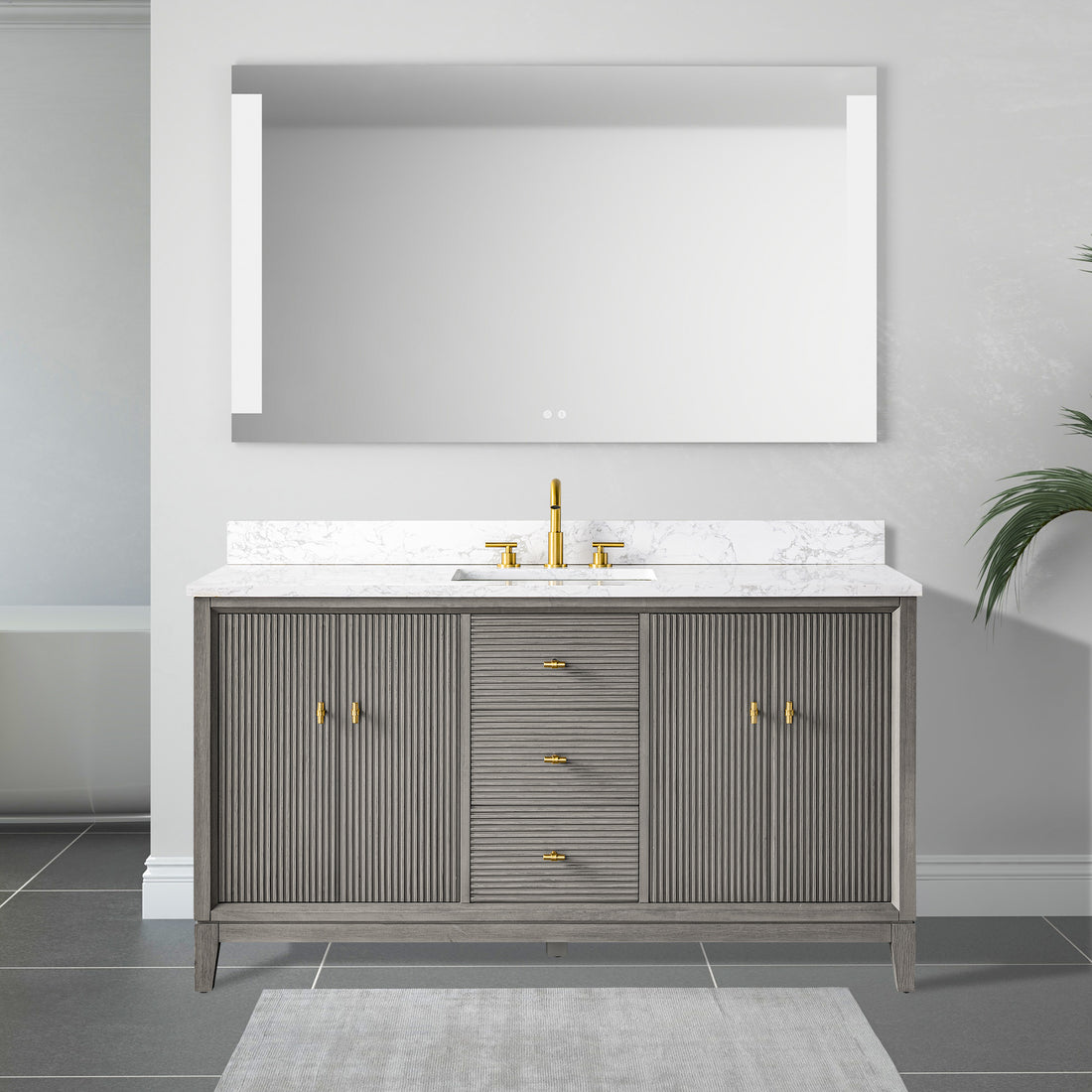 front view of 60x22 Inches Single Sink Freestanding Bathroom Vanity Cabinet with Marble Top