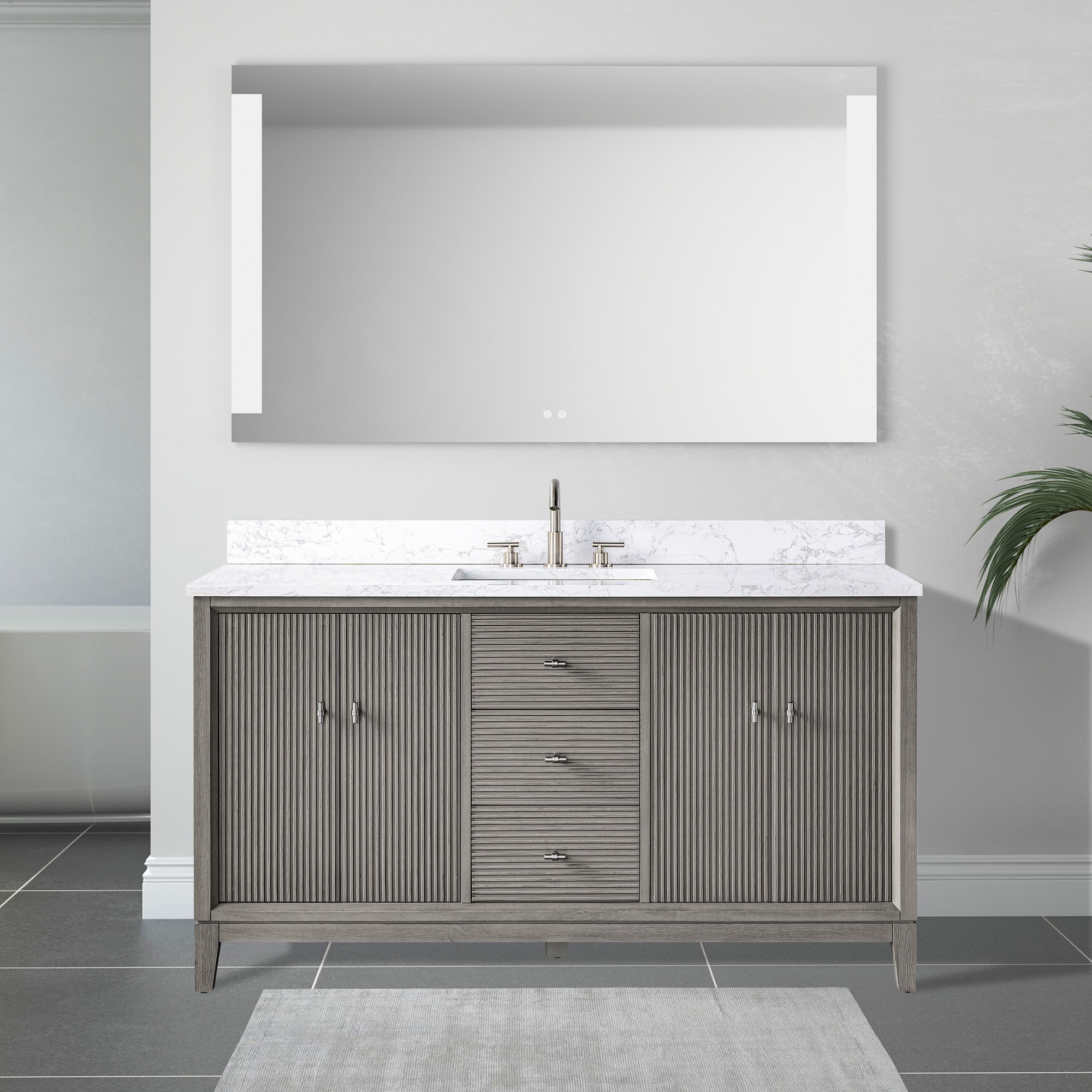 front view of 60x22 Inches Single Sink Freestanding Bathroom Vanity Cabinet with Marble Top