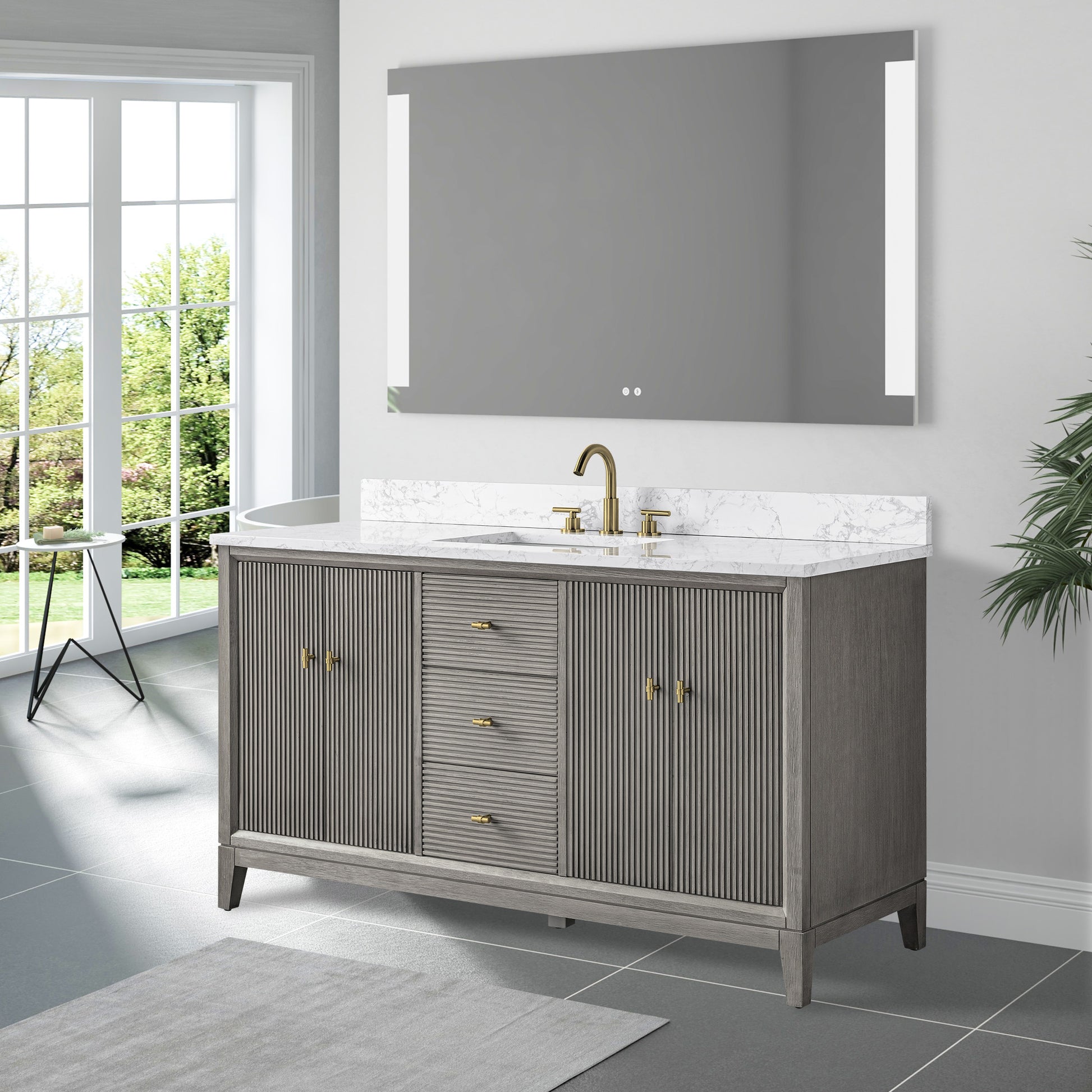 side view of 60x22 Inches Single Sink Freestanding Bathroom Vanity Cabinet with Marble Top