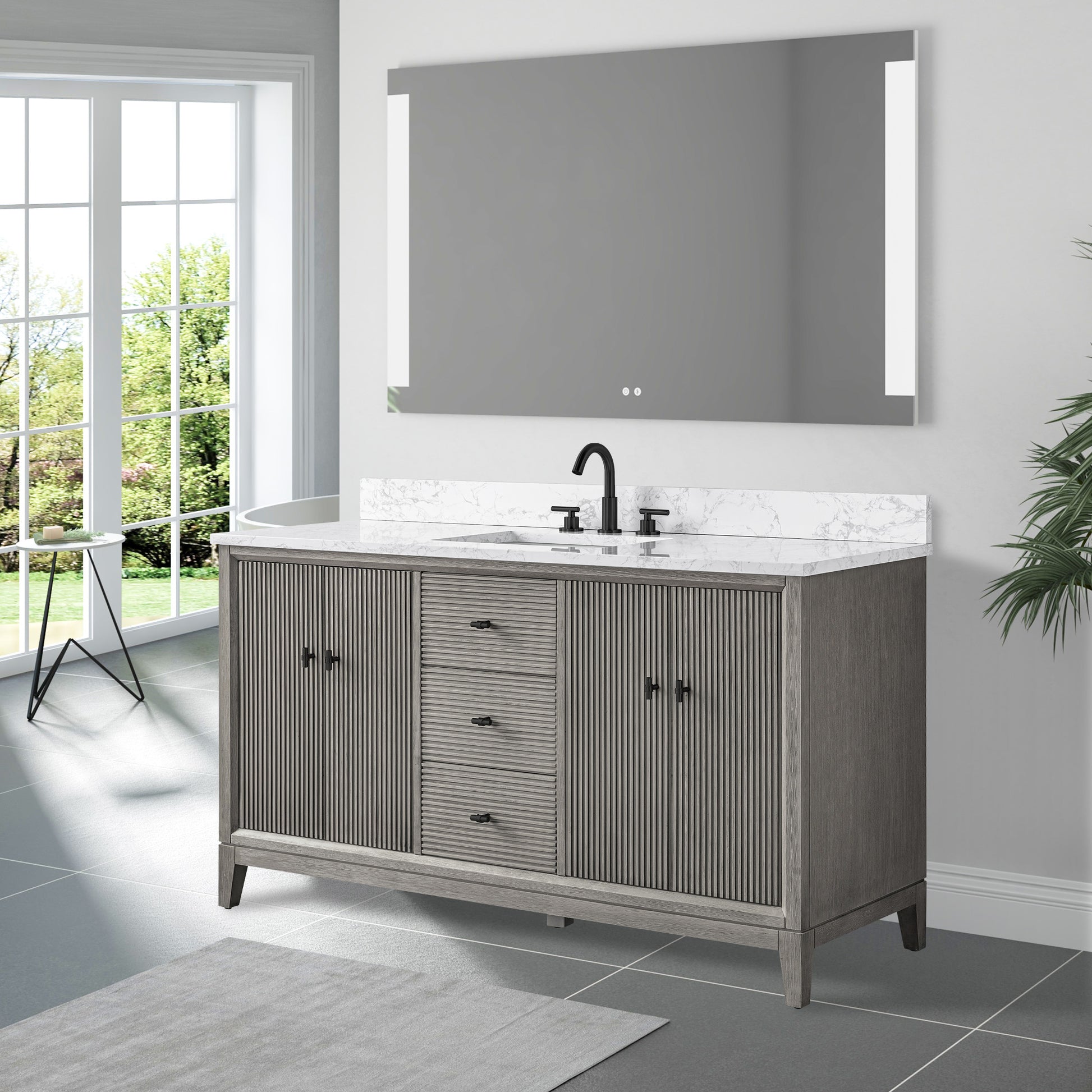 side view of 60x22 Inches Single Sink Freestanding Bathroom Vanity Cabinet with Marble Top