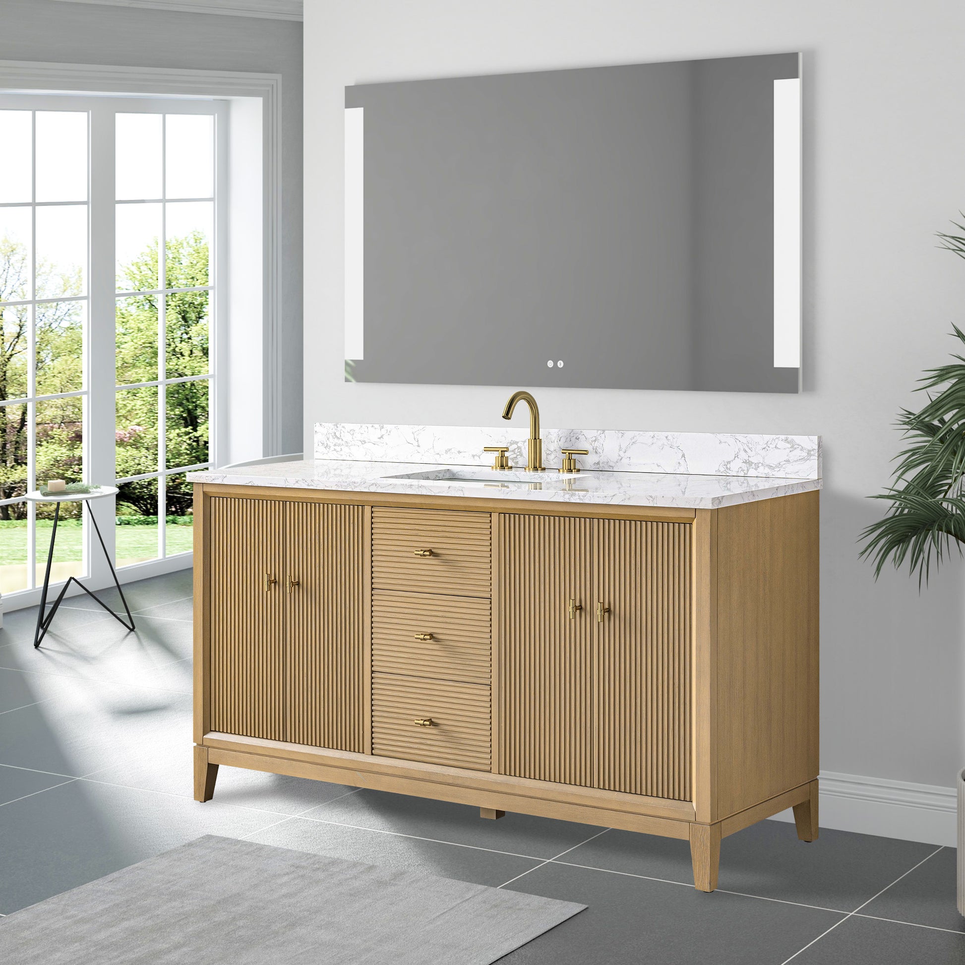 side view of 60x22 Inches Single Sink Freestanding Bathroom Vanity Cabinet with Marble Top