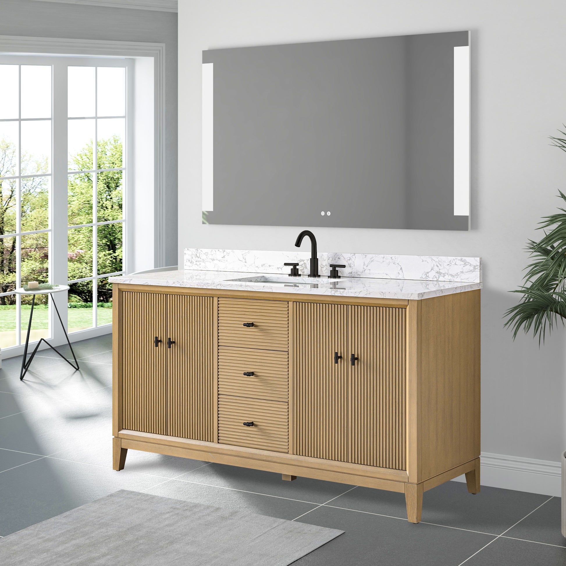 side view of 60x22 Inches Single Sink Freestanding Bathroom Vanity Cabinet with Marble Top