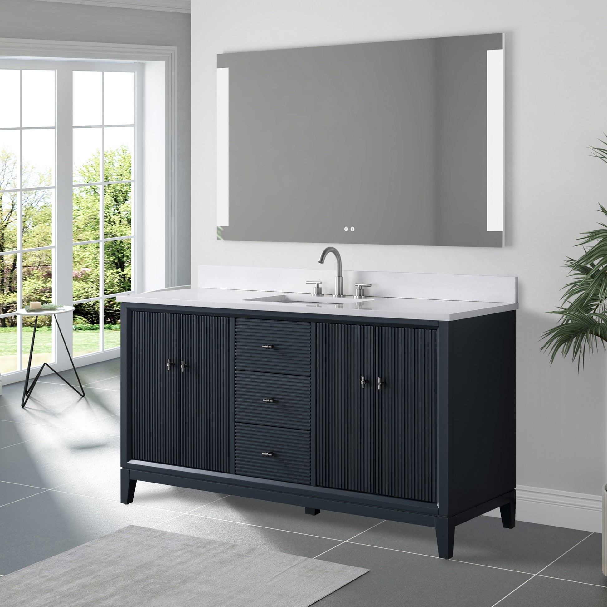 side view of 60x22 Inches Single Sink Freestanding Bathroom Vanity Cabinet with Marble Top