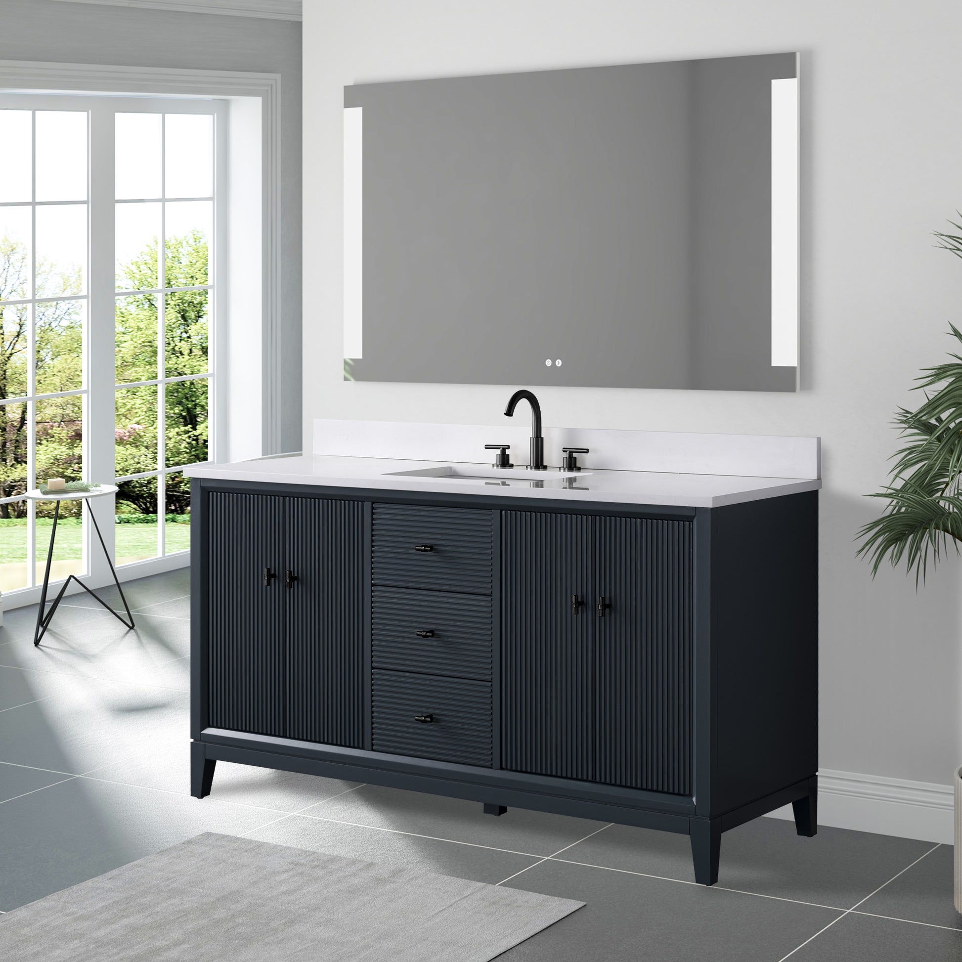 side view of 60x22 Inches Single Sink Freestanding Bathroom Vanity Cabinet with Marble Top