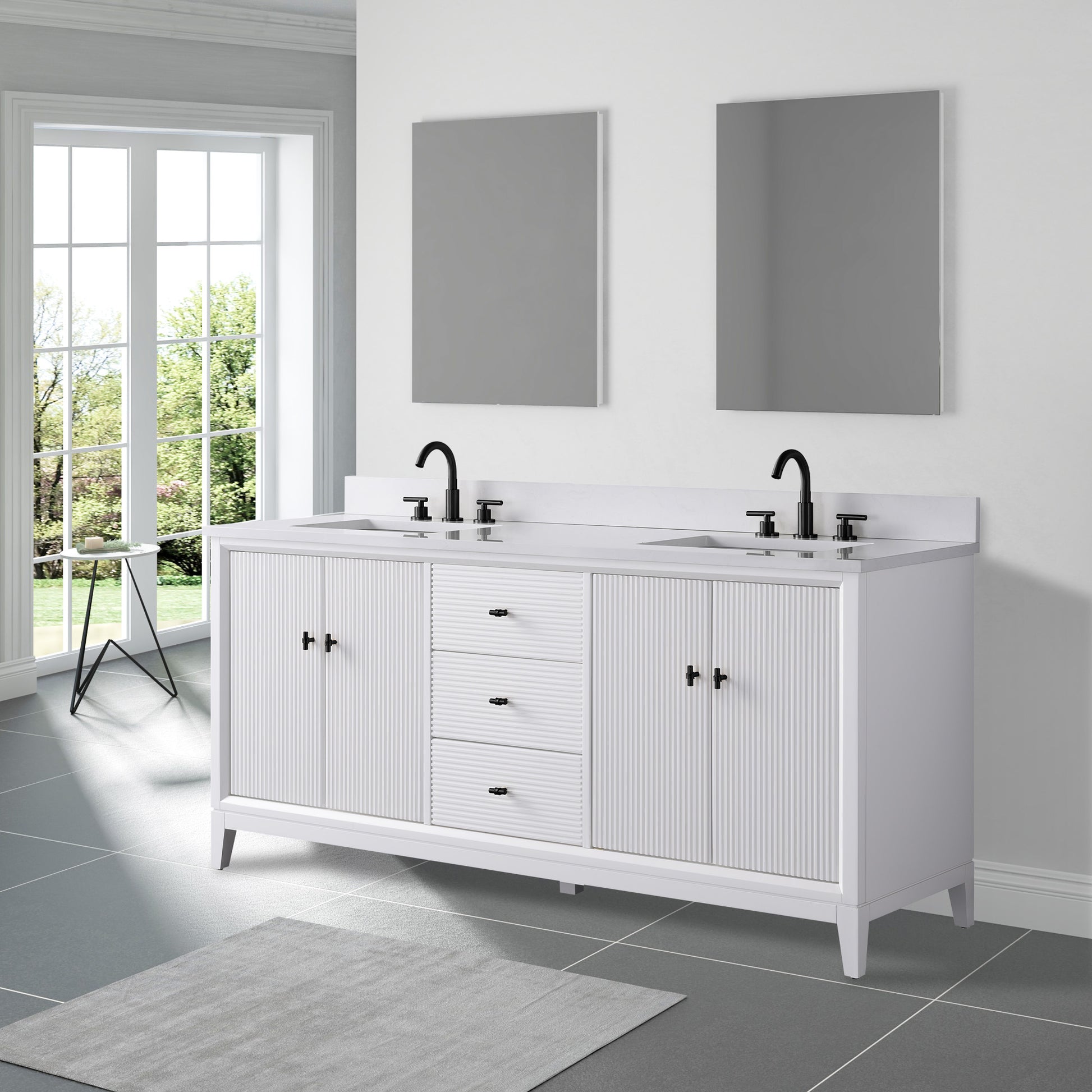 side view of 72x22 Inches Double Sink Freestanding Bathroom Vanity Cabinet with Marble Top