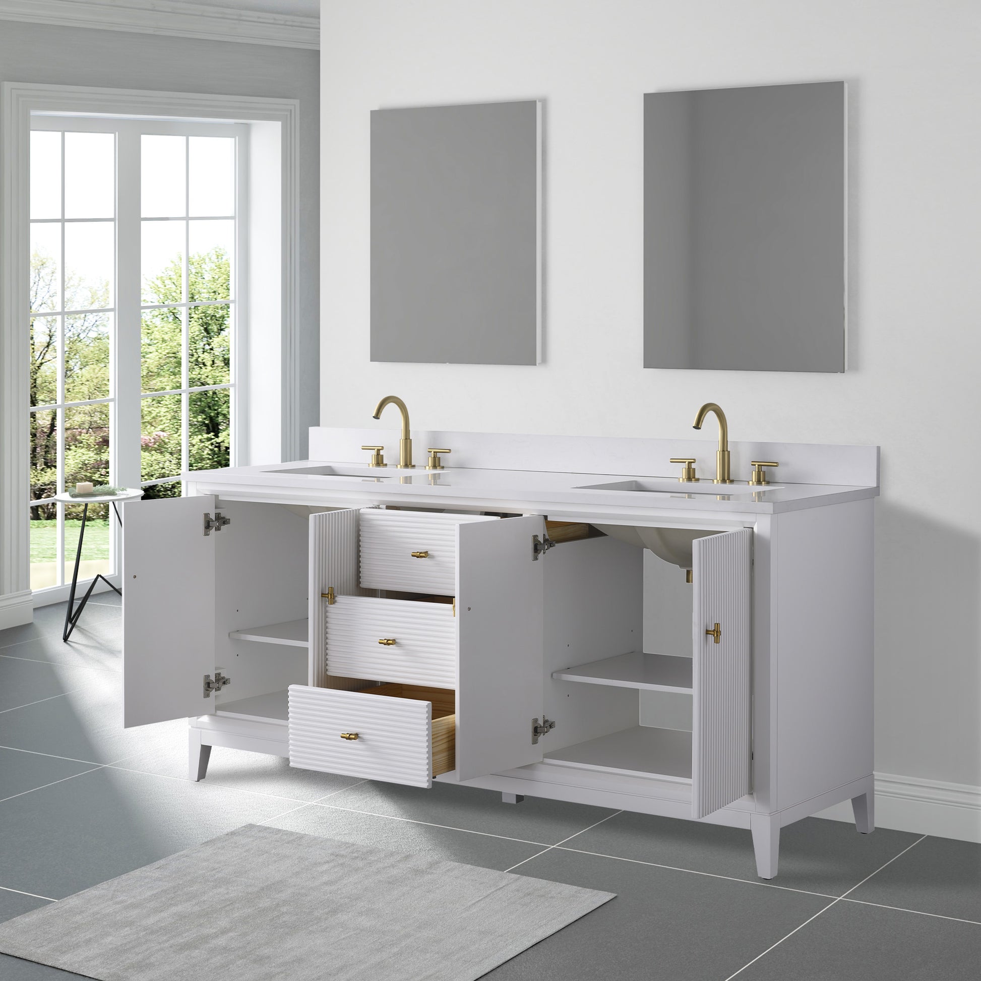 72x22 Inches Double Sink Freestanding Bathroom Vanity Cabinet with Marble Top drawers opened 