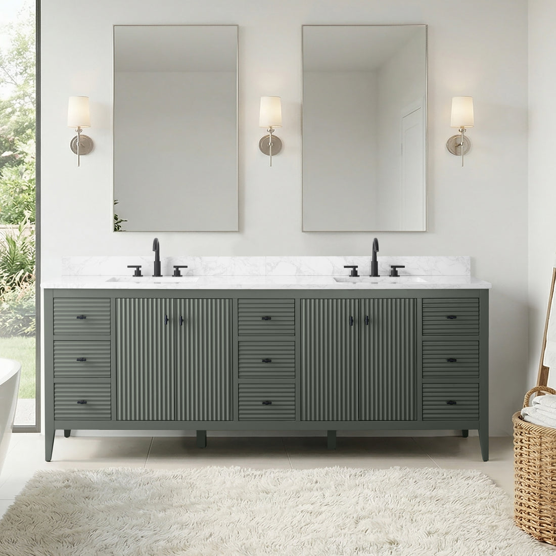 VanityArt 84-inch double sink bathroom vanity pewter green reeded cabinet white marble top matte black faucets room setting