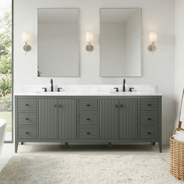 VanityArt 84-inch double sink bathroom vanity pewter green reeded cabinet white marble top matte black faucets room setting