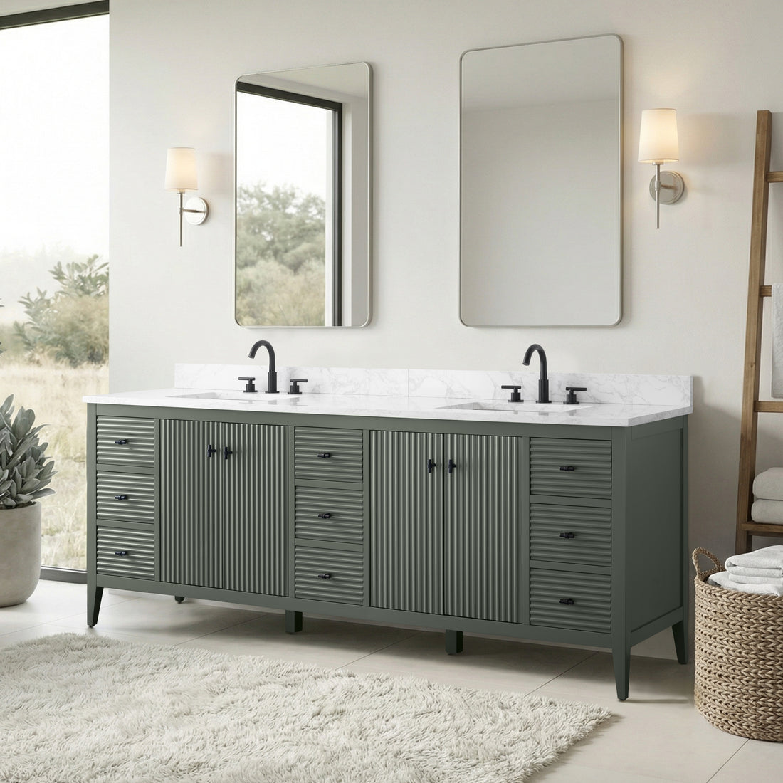 VanityArt 84-inch double sink bathroom vanity pewter green reeded cabinet white marble top matte black faucets room setting