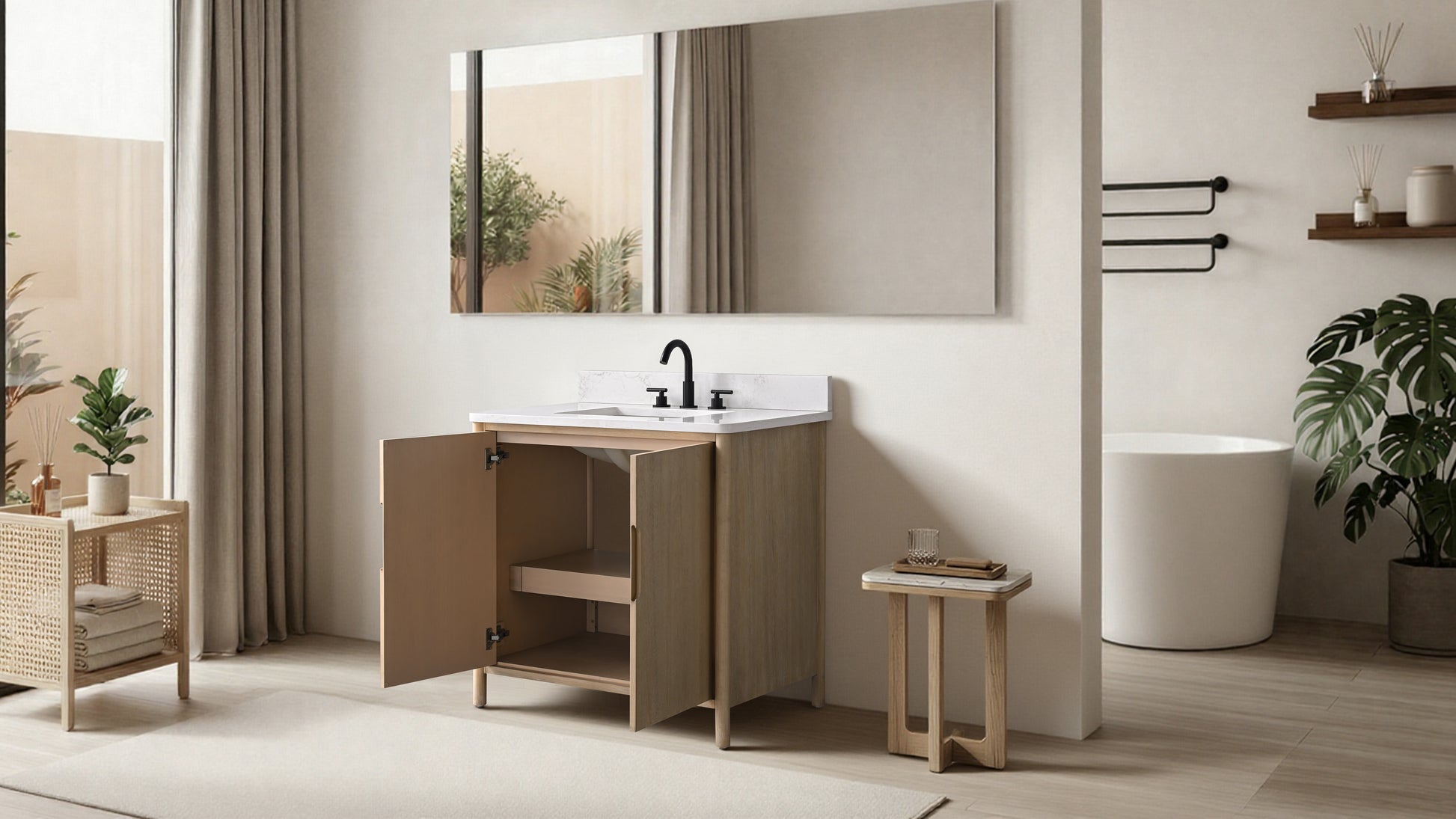 VanityArt 36-inch light oak bathroom vanity with doors open showing interior storage shelf, white stone top, black faucet