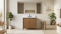 VanityArt 36-inch walnut bathroom vanity with white stone top and matte black faucet in modern beige bathroom setting