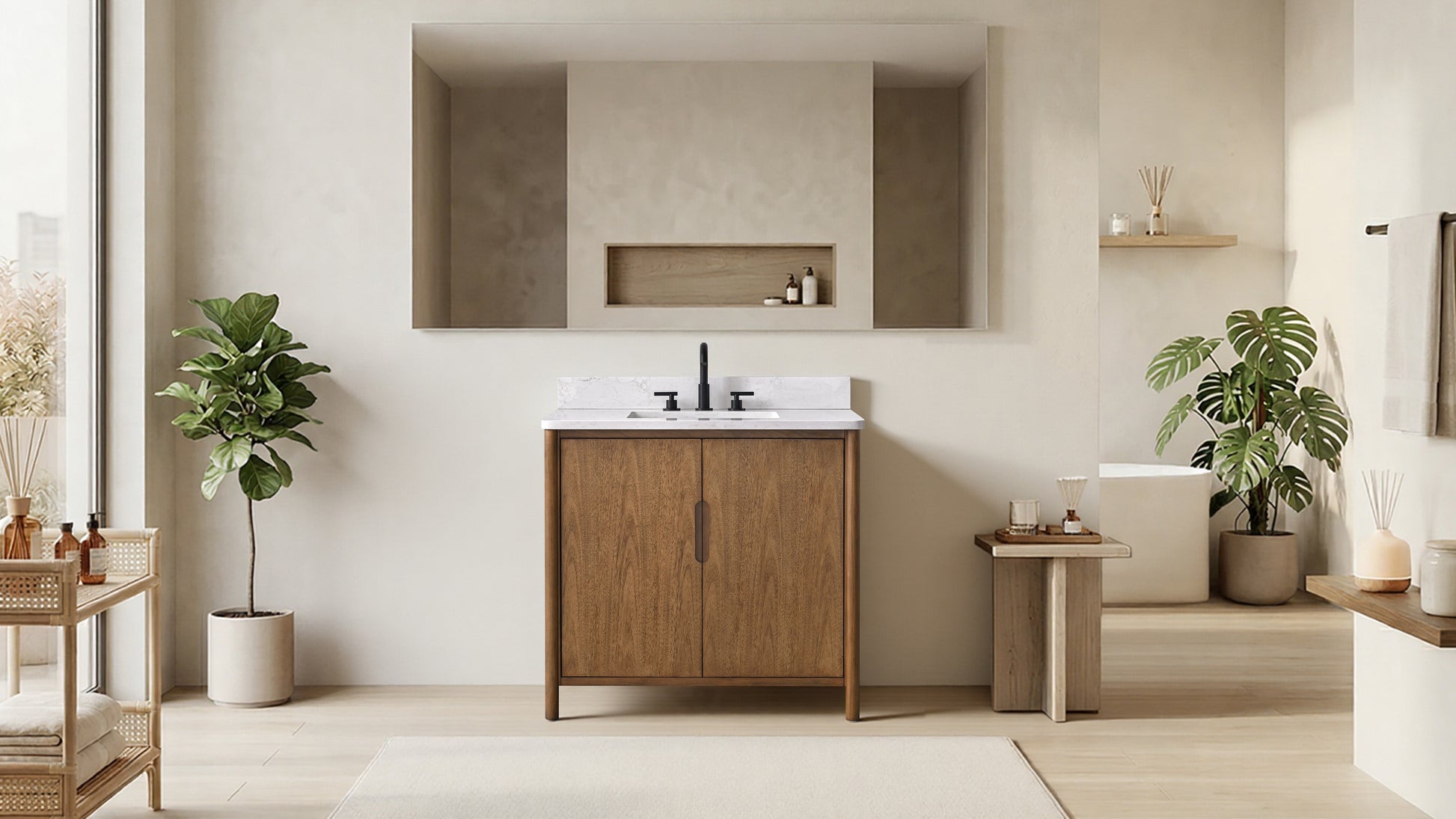 VanityArt 36-inch walnut bathroom vanity with white stone top and matte black faucet in modern beige bathroom setting