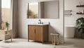 VanityArt 36-inch walnut single sink bathroom vanity with white countertop and matte black faucet, angled view in spa bathroom