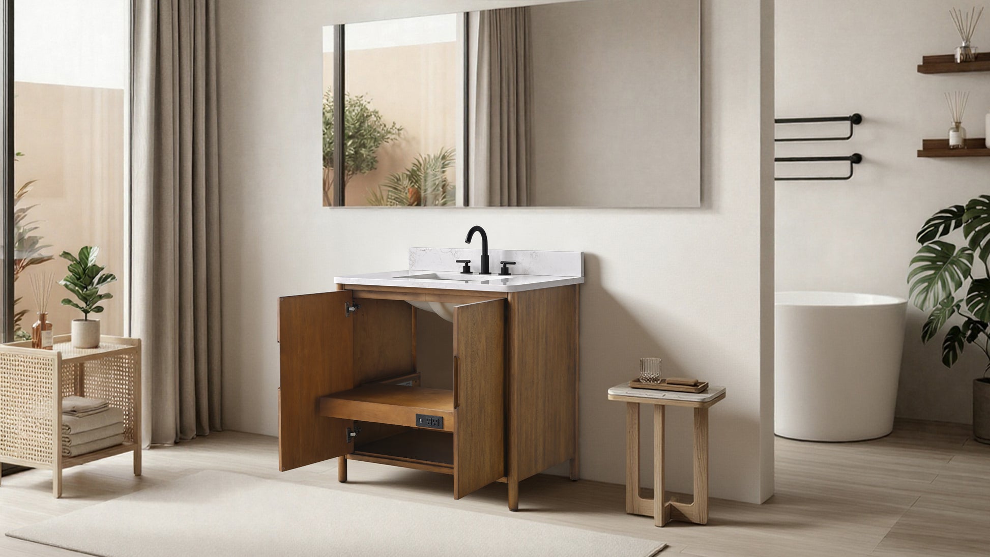 VanityArt 36-inch walnut bathroom vanity with open cabinet doors showing interior shelf and pull-out tray, side angle view