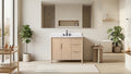 VanityArt 42-inch light oak bathroom vanity with white stone top and black faucet in minimalist beige bathroom setting