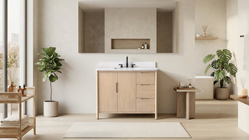 VanityArt 42-inch light oak bathroom vanity with white stone top and black faucet in minimalist beige bathroom setting