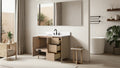 VanityArt 42-inch oak bathroom vanity with open doors and drawers revealing interior storage compartments
