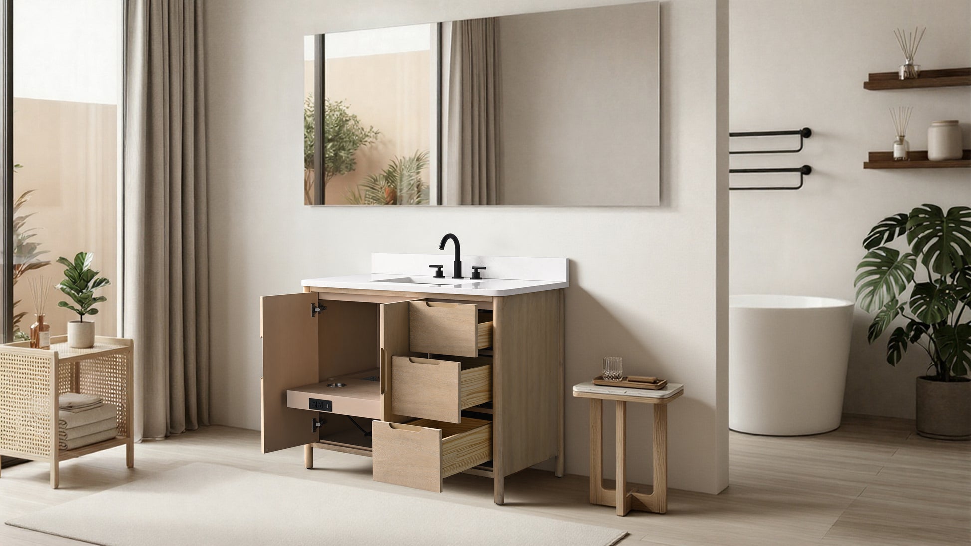 VanityArt 42-inch oak bathroom vanity with open doors and drawers revealing interior storage compartments