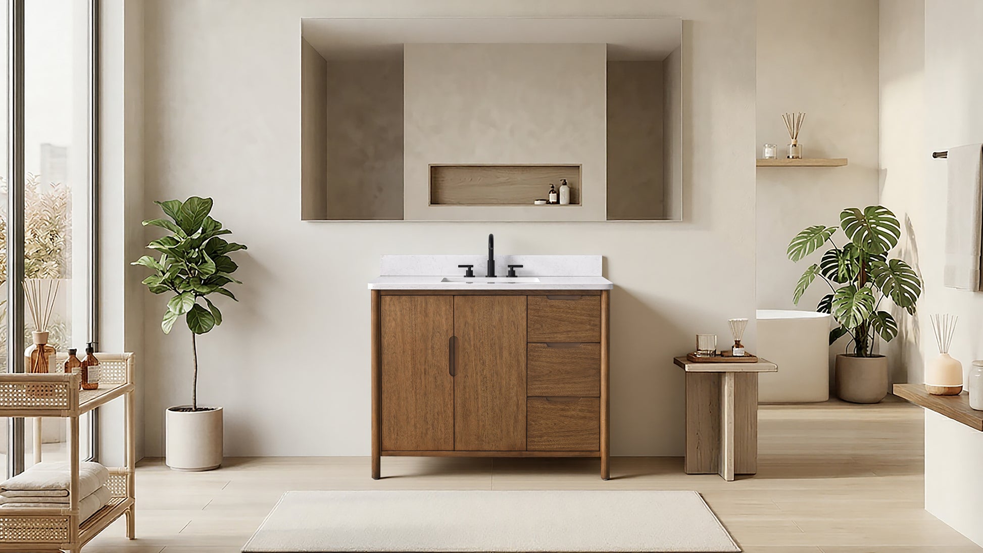 VanityArt 42-inch walnut bathroom vanity with white stone top in modern spa-style room setting front view