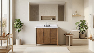 VanityArt 42-inch walnut bathroom vanity with white stone top in modern spa-style room setting front view