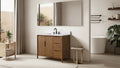 VanityArt 42-inch mid-century walnut single sink vanity with white countertop and matte black faucet angled view