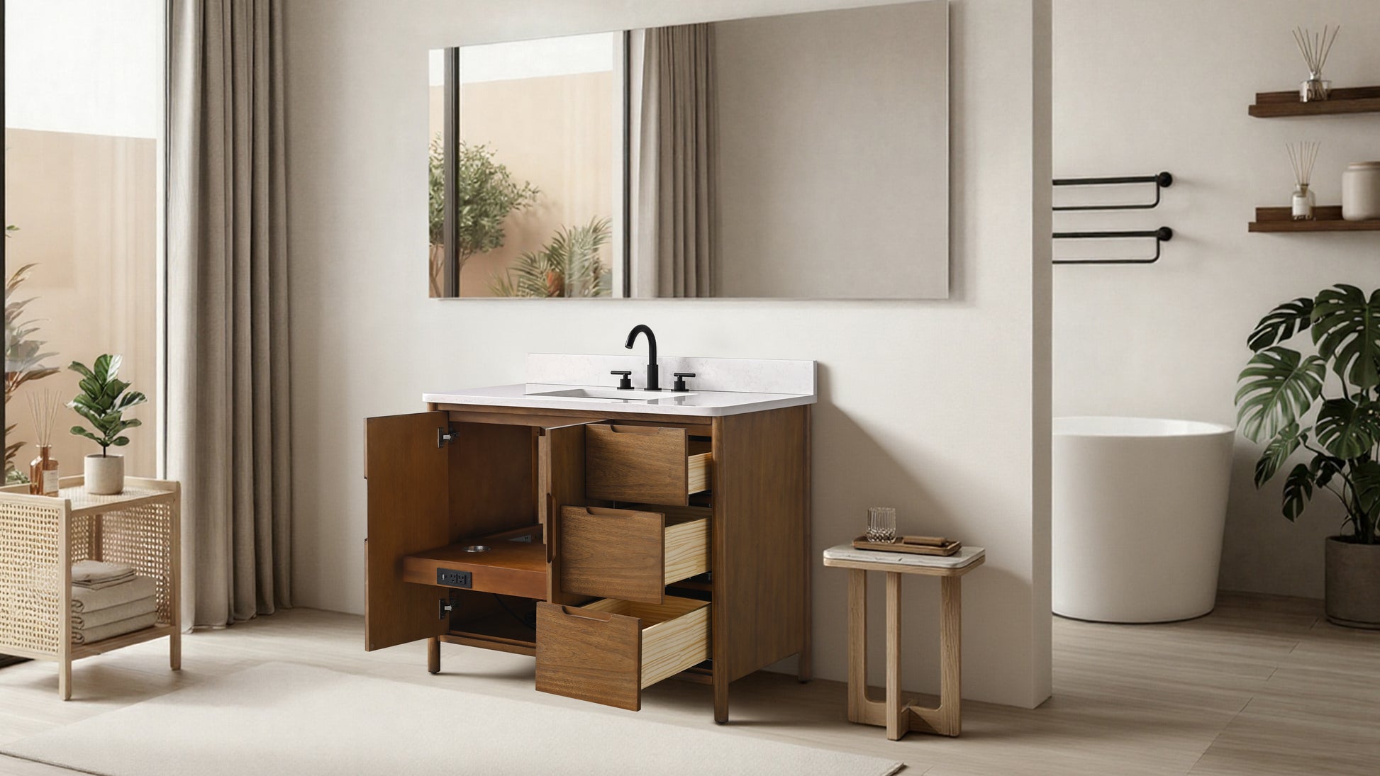 VanityArt 42-inch walnut vanity with open cabinet door and three extended drawers showing interior storage