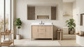 48-inch light oak bathroom vanity with white stone top, built-in sink, and recessed mirror niche in a bright neutral bathroom