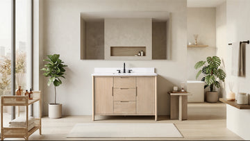 48-inch light oak bathroom vanity with white stone top, built-in sink, and recessed mirror niche in a bright neutral bathroom