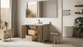 48-inch oak bathroom vanity with doors open revealing interior drawers and storage, white stone countertop, side view