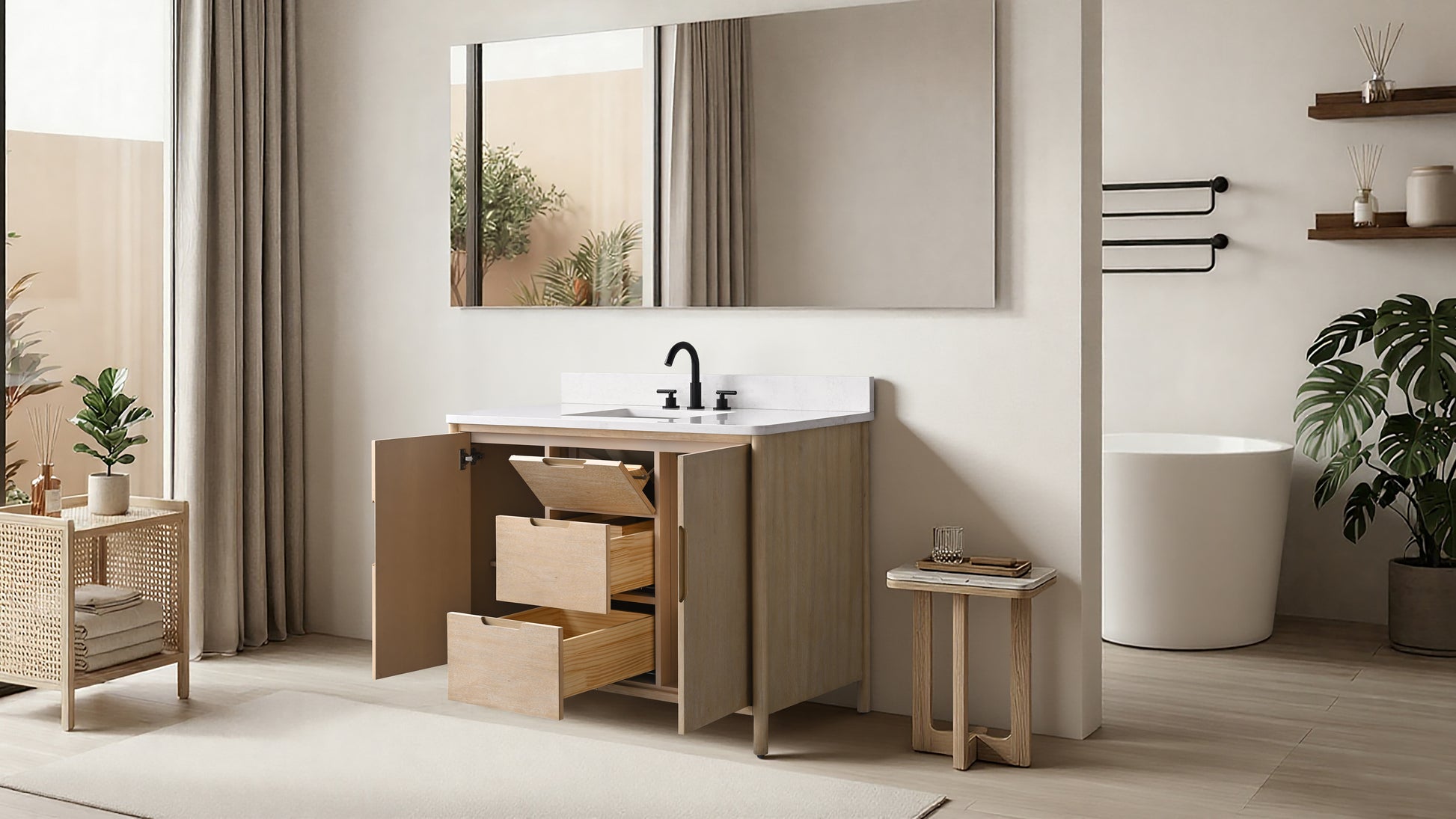 48-inch oak bathroom vanity with doors open revealing interior drawers and storage, white stone countertop, side view