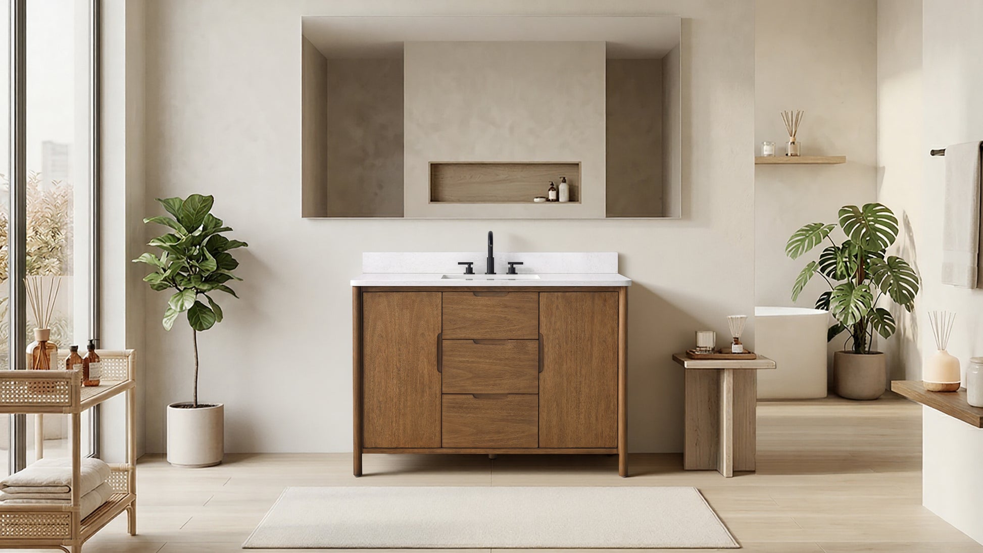 VanityArt 48 inch walnut bathroom vanity with white stone top and matte black faucet in modern spa setting