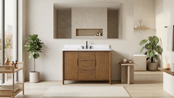 VanityArt 48 inch walnut bathroom vanity with white stone top and matte black faucet in modern spa setting
