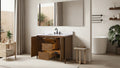 VanityArt 48 inch walnut vanity with open doors and drawers revealing interior storage, white stone top