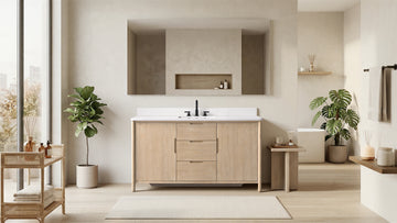 VanityArt 60-inch light oak bathroom vanity with white stone top and black faucet in bright neutral bathroom setting